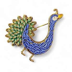 RARE Vintage Green and Blue Italian Micromosaic Peacock Brooch Pin